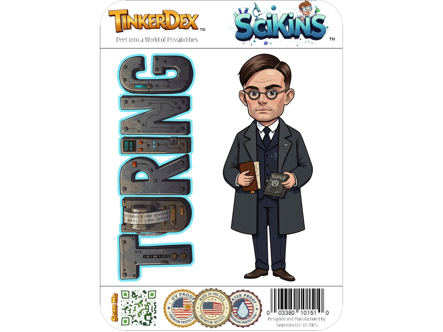 Alan Turing Sticker and Magnet – the Codebreaker Scikins™ – WWII Codebreaker and Mathematician | Waterproof & UV-Proof